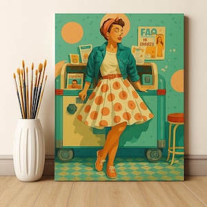 Op de afbeelding: Een kunstwerk in retrostijl toont een vrouw in een polkadot rok en een turquoise jas, staand bij een vintage machine in dinerstijl. Het kunstwerk heeft een turquoise en oranje kleurenschema, met de tekst "FAQ Hi Choutez!" zichtbaar op een bord. Een witte vaas met penselen staat op de voorgrond.