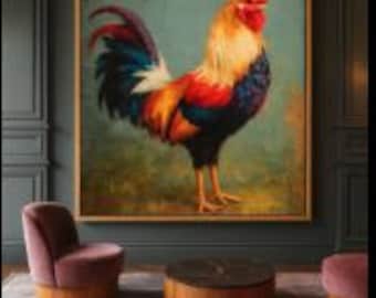 May include: A large framed painting of a rooster with vibrant red, yellow, blue, and black feathers. The artwork is displayed in a room with a pink armchair, a wooden coffee table, and dark gray walls.