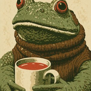 May include: Illustration of a green frog with red eyes wearing a brown sweater, holding a white mug filled with a red liquid. The frog's skin has a textured appearance, and the mug has a simple handle. The background is a light beige color.