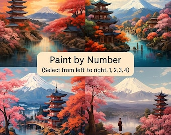 Japanese Landscape Paint by Numbers Kit – Mt. Fuji Pagoda DIY Wall Art | Cherry Blossom Paint Set