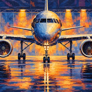 May include: A front-facing commercial airplane parked inside a hangar with bright orange and blue lighting. The aircraft features a metallic silver fuselage, two large jet engines under the wings, and landing gear with multiple wheels.