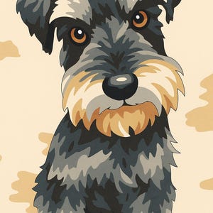 May include: A Schnauzer dog illustration in a stylized design. The dog features a black and grey coat with tan markings around the muzzle and eyebrows. The eyes are amber, set against a light beige background.