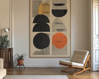 Large Modern Geometric Canvas Wall Art, Abstract Shapes Print in Orange Black Beige, Minimalist Mid Century Style Wall Decor for Living Room