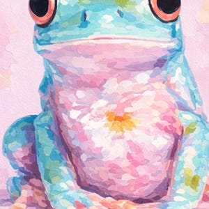 May include: A watercolor painting of a frog with a light blue body, pink belly, and orange-rimmed black eyes. The frog is sitting on a pink background. The frog's belly has a white and yellow flower design.