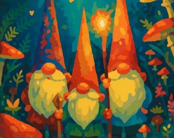 Pintura por números "Gnomos del Bosque Encantado": Kit de pintura por números de fantasía mágica para adultos principiantes / Regalo de arte del bosque caprichoso