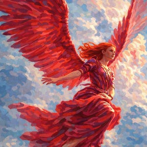 May include: An artistic depiction of a woman with red hair and a flowing red dress, soaring through a cloudy sky. Large, vibrant red wings extend from her back, creating a sense of movement and freedom. The artwork evokes a fantasy theme.