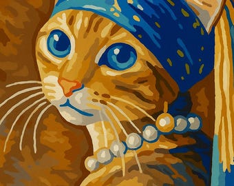 Paint by Numbers Kit Cat With Pearl Earring Modern Art Animal Painting DIY Kit for Adults Wall Decor Gift for Cat Lovers