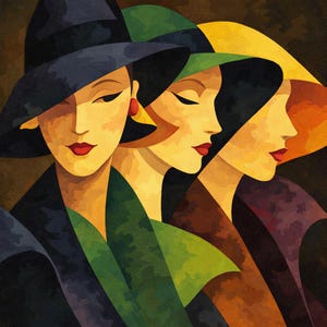 Puede incluir: Una pintura de estilo art déco que presenta a tres mujeres de perfil, cada una con un sombrero de ala ancha. Las mujeres tienen lápiz labial rojo y visten abrigos oscuros y bufandas coloridas. La paleta de colores incluye tonos de negro, verde, amarillo y naranja.
