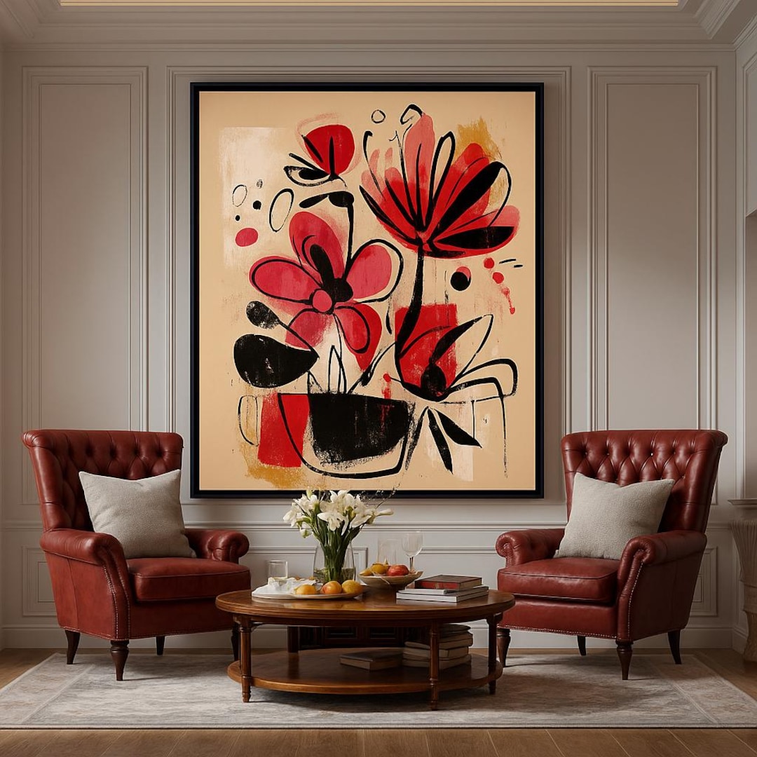 Modern Abstract Red Floral Wall Art Print, Bold Contemporary Flower ...