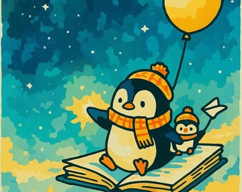 Whimsical Penguin Adventure Paint by Numbers Kit – Flying Book & Balloons | DIY Kids Wall Art