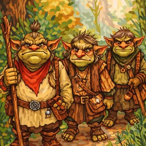 Puede incluir: Ilustración de tres criaturas parecidas a trolls en un entorno forestal. Las criaturas tienen piel verde, orejas grandes y visten ropa marrón con cinturones y bolsas. Uno sostiene un bastón de madera. El fondo presenta árboles y follaje.