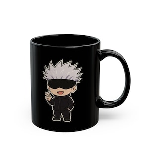 Chibi Gojo Jujutsu Kaisen anime Black Mug - Fun Gift for Anime Lovers, Stylish Coffee Cup
