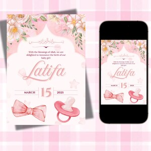 Annuncio di nascita islamico per bambina, modello Canva modificabile, scaricabile e personalizzabile, bambina musulmana, annuncio di nascita islamico
