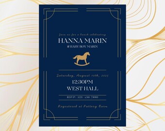 Ralph Lauren Inspired Baby Shower Invitation | Navy Blue & Gold | Baby Boy Shower Invite | Elegant Rocking Horse Theme | Printable Template
