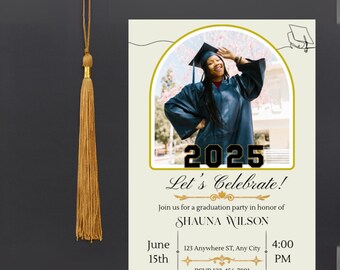 May include: Graduation party invitation with a photo of a person wearing a cap and gown. The invitation includes the date, time, and location of the party. The text on the invitation reads "Let's Celebrate!" and "Join us for a graduation party in honor of Shauna Wilson".