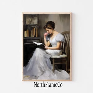 Elegant Reading Lady Art ,Vintage Oil Painting Print | Woman Reading Book in White Dress ,Feminine Wall Art ,Digital Download | NorthFrameCo