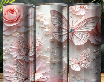 Butterfly & Rose Tumbler Wrap PNG: 20oz Skinny Tumbler Sublimation Design (Digital Download)