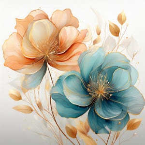Abstract Watercolor Flowers Clipart: Blue & Gold Floral PNGs (Digital Download)