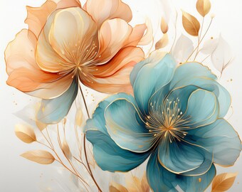 Abstract Watercolor Flowers Clipart: Blue & Gold Floral PNGs (Digital Download)