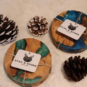 Handcrafted Scottish Loch Resin Coasters: Rustic Wood Marbling