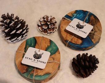Handcrafted Scottish Loch Resin Coasters: Rustic Wood Marbling