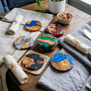 May include: A collection of circular coasters made from natural wood and coloured resin. The set includes individual coasters with blue, teal, and red resin swirls, alongside a stacked set of teal resin coasters, arranged on a wooden table.