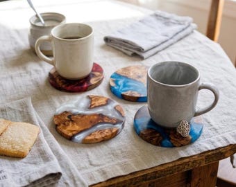 Wood and Resin Coasters Set of 4, Handmade Drink Mats