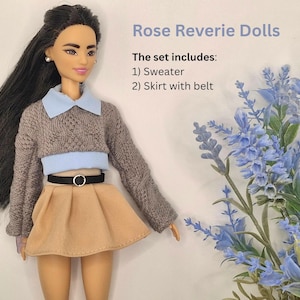 Fashion Doll Fall Outfit: Knit Sweater and Pleated Skirt - 1/6 Scale Gray Blue Camel