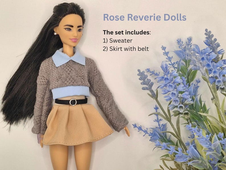 Fashion Doll Fall Outfit: Knit Sweater and Pleated Skirt - 1/6 Scale Gray Blue Camel