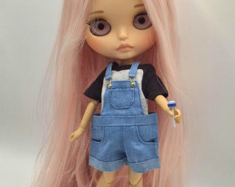 Denim Shortalls and T-Shirt Set for Blythe Doll