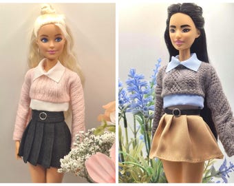 Fashion Doll Fall Outfit: Knit Sweater and Pleated Skirt - 1/6 Scale