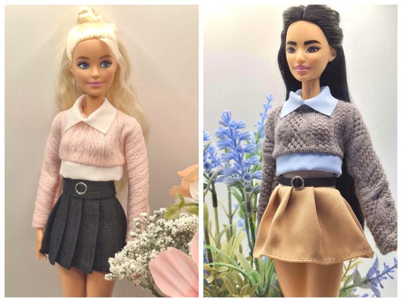 Fashion Doll Fall Outfit: Knit Sweater and Pleated Skirt - 1/6 Scale