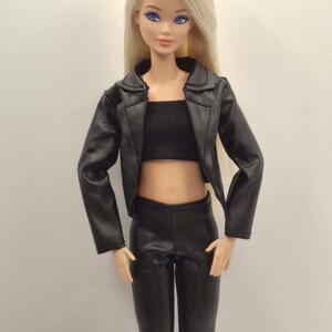 Black Faux Leather Jacket Outfit Set for 11.5–12 Inch Fashion Dolls | 1/6 Scale Doll Clothes 4-Piece Set (Jacket, Pants, Crop Top, Shoes) image 8