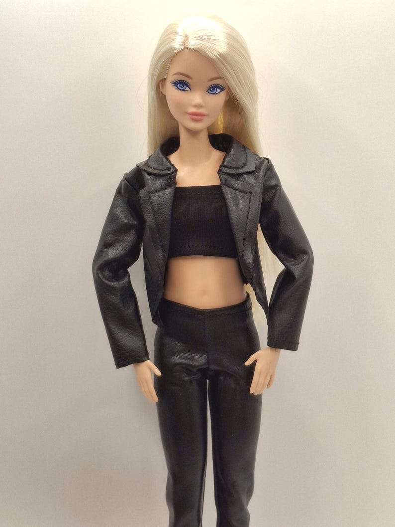 Black Faux Leather Jacket Outfit Set for 11.5–12 Inch Fashion Dolls | 1/6 Scale Doll Clothes 4-Piece Set (Jacket, Pants, Crop Top, Shoes) image 8