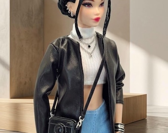 Faux Leather Trench Coat Set for Fashion Dolls – Ribbed Crop Top + Wide Leg Jeans – 1/6 Scale