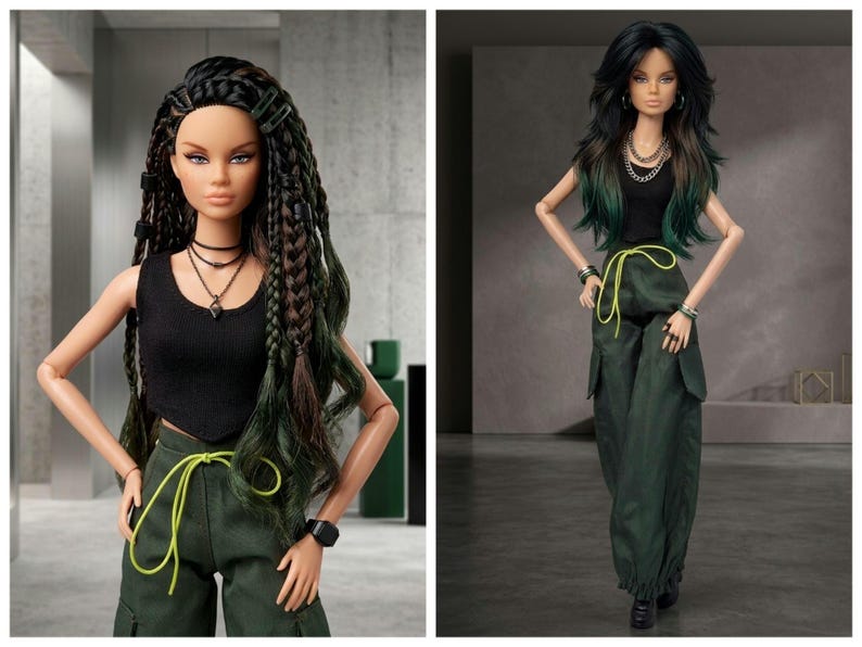 May include: A fashion doll with long dark hair featuring braids and green highlights, wearing a black sleeveless top, dark green cargo pants with a bright neon yellow drawstring, a layered necklace, and a black wrist accessory on one arm.