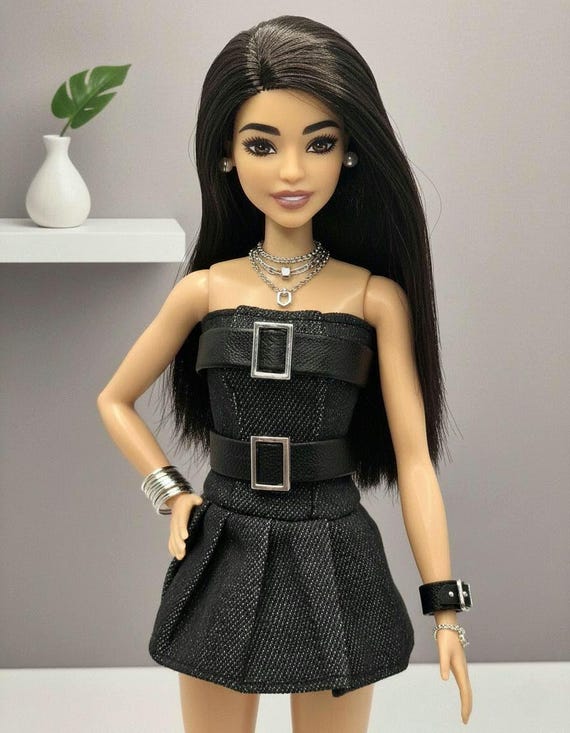 Black Denim Mini Dress for Fashion Dolls, Strapless with Buckle Belt 1/6 Scale