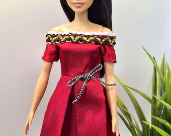 Red Satin Off-Shoulder Dress for 11.5” Fashion Dolls
