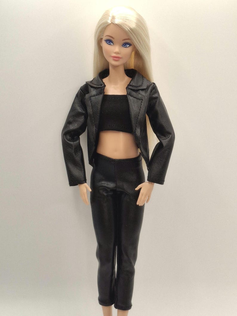 Black Faux Leather Jacket Outfit Set for 11.5–12 Inch Fashion Dolls | 1/6 Scale Doll Clothes 4-Piece Set (Jacket, Pants, Crop Top, Shoes) image 20