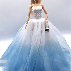 Ombre White Blue Tulle Ball Gown: Handmade 1/6 Scale Doll Dress