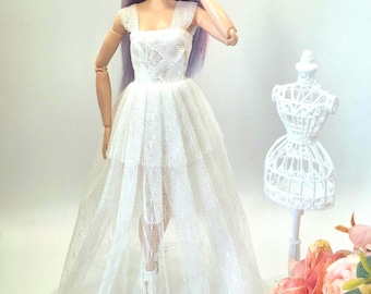 White Lace Tulle Gown Dress for 1/6 Fashion Dolls 11.5-12 Inch