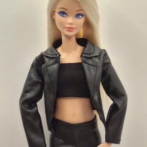 Black Faux Leather Jacket Outfit Set for 11.5–12 Inch Fashion Dolls | 1/6 Scale Doll Clothes 4-Piece Set (Jacket, Pants, Crop Top, Shoes) image 6