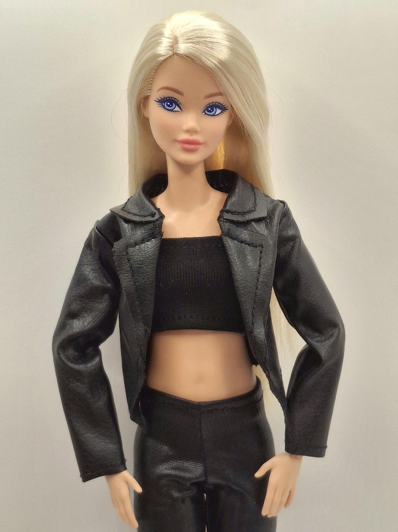 Black Faux Leather Jacket Outfit Set for 11.5–12 Inch Fashion Dolls | 1/6 Scale Doll Clothes 4-Piece Set (Jacket, Pants, Crop Top, Shoes) image 6
