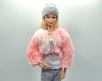 Fashion Doll Clothes Set, Pink Fur Jacket, Top, Leggings, Beanie, Fits 11.5"-12" Dolls