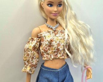 7-Piece Fashion Doll Outfit Set – 1/6 Scale Floral Top, Denim Shorts, Accessories