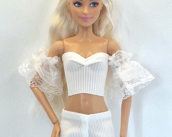 White Doll Outfit - Detachable Sleeves, Crop Top & Pants, Fits 1/6 Fashion Dolls