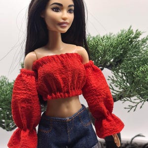 Doll Outfit: Red Crop Top, Denim Shorts, Detachable Sleeves - 11.5&quot;-12&quot; Fashion Dolls