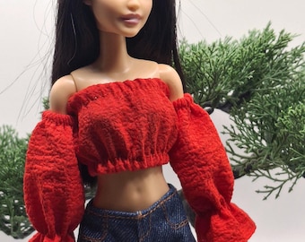 Doll Outfit: Red Crop Top, Denim Shorts, Detachable Sleeves - 11.5"-12" Fashion Dolls
