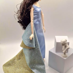 Blue Satin One-Shoulder Evening Gown with Glitter Train for 11.5&quot;-12&quot; Fashion Dolls | Handmade Doll Clothes | Collector Outfit