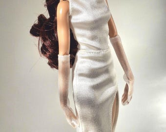 White Satin Evening Dress & Sheer Gloves Set for 1/6 Fashion Dolls